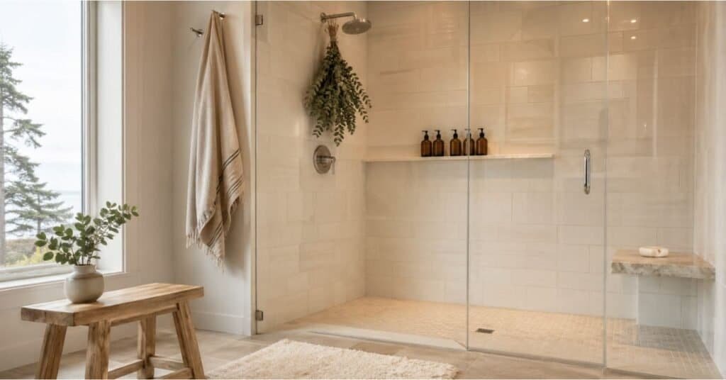 Spa shower with matching amber bottles, eucalyptus bundle, shower steamer, and soft bath mat.
