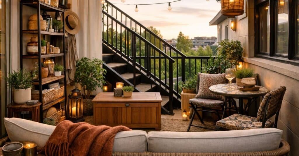 Stylish urban balcony at sunset