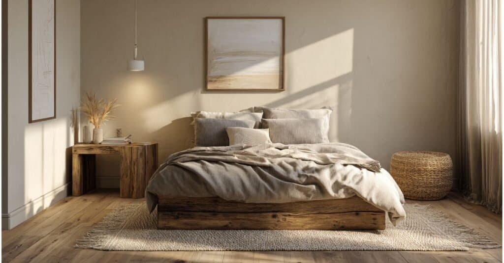 Warm minimalist bedroom with linen bedding, woven basket, wood nightstand, soft light, and simple wall decor.