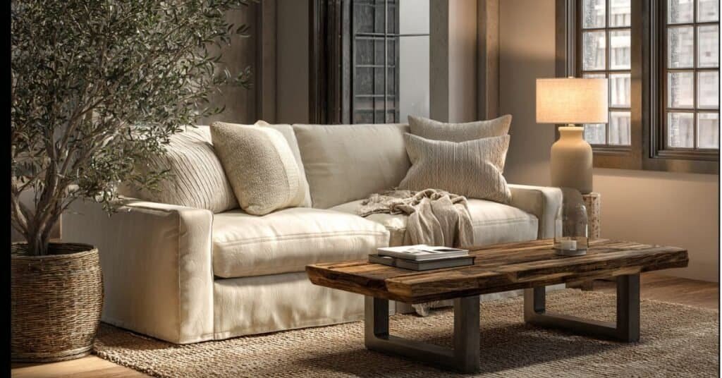 Warm minimalist living room with textured pillows, folded throw, clear coffee table, and soft lamp lighting.