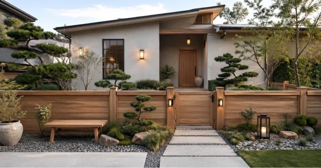 Warm wood front yard fence with a simple gate, evergreen planting, and year round styling that suits a calm transitional Japandi style home