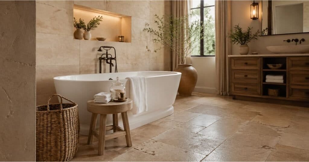 Warm wood stool, folded towels, ceramic tray, and stone accents in a hotel inspired spa bathroom.