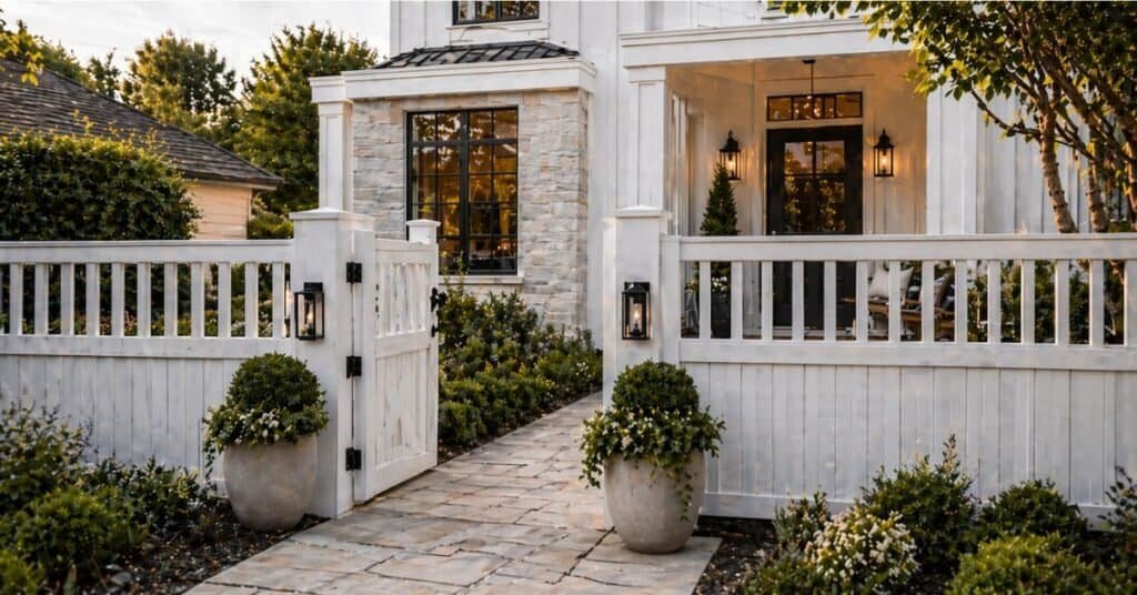 White front yard fence with a decorated gate, matching planters, and simple seasonal styling near a transitional style home entry