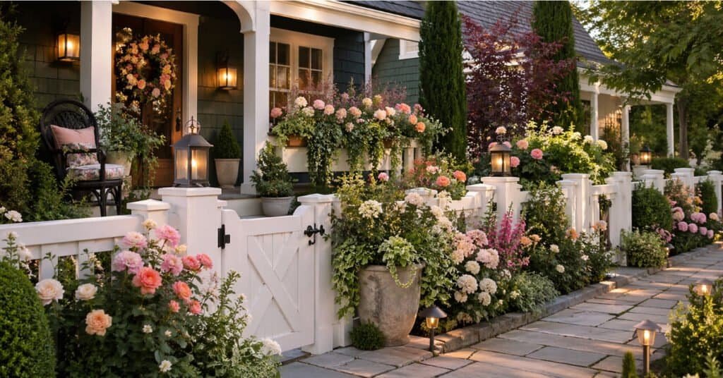 White front yard fence with layered flowers, soft planting around the gate, and seasonal decor in a cottage style entry
