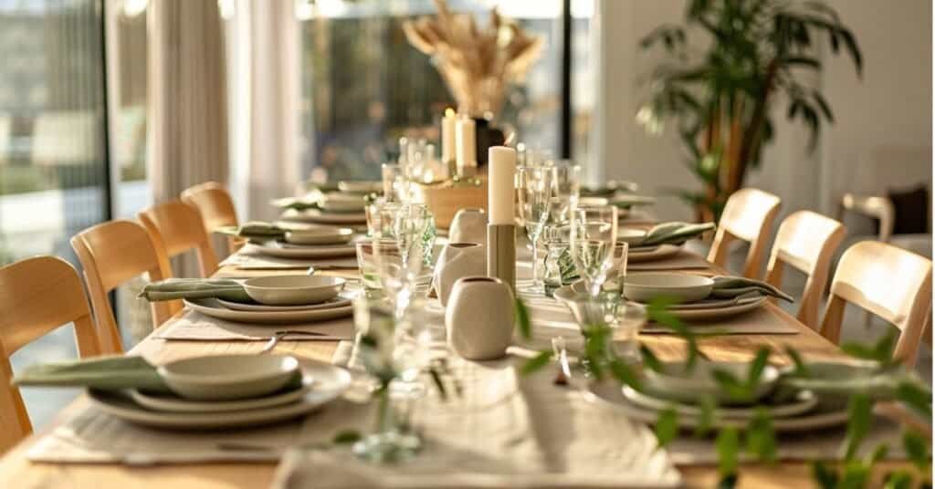 modern party table setting with fresh neutral color palette, warm white plates, taupe linen runner, soft green napkins, clear glassware, low candles, simple ceramic centerpiece, bright natural lig