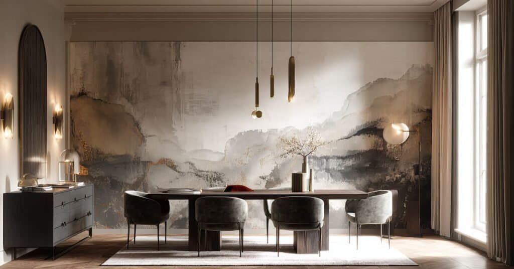 Art Deco dining room with large wall mirror, soft mural wall, modern dining table, and warm polished lighting