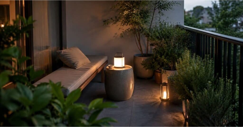 Balcony lighting without electricity using a rechargeable table lamp, battery lanterns, and cordless lights on a shaded balcony.