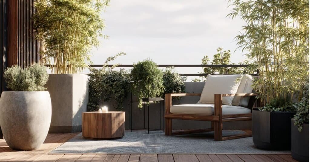 Balcony planters with tall privacy plants and layered greenery.