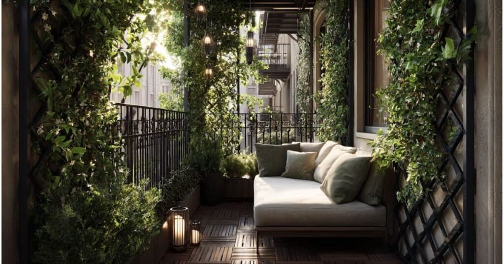 Balcony with climbing plants and trellis planters creating outdoor privacy.