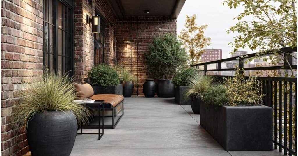 Balcony with stable heavy planters and balanced privacy plants.
