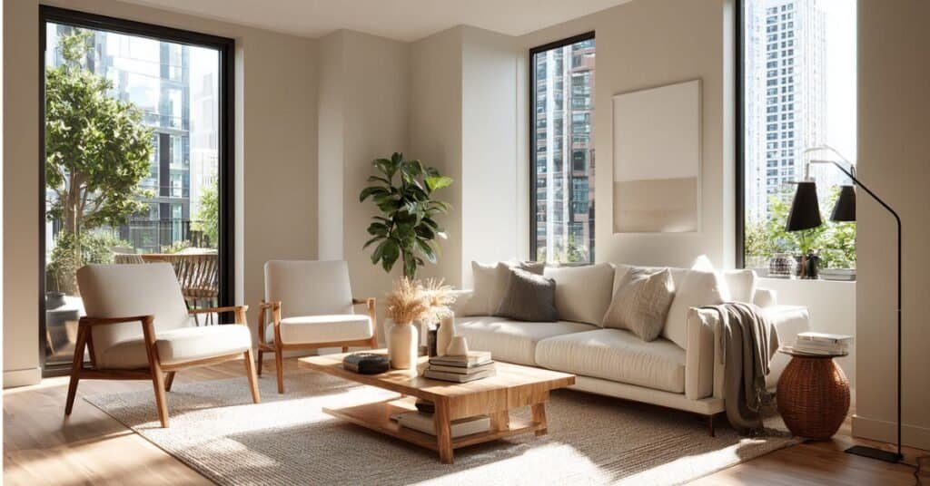 Bare modern living room windows styled with a sofa, rug, coffee table, plant, and warm lighting.