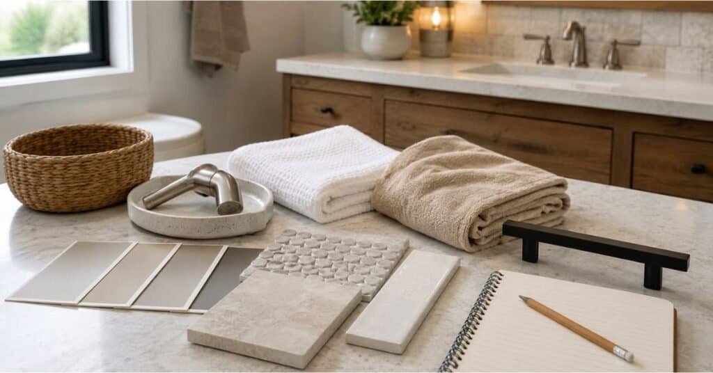 Bathroom remodel planning setup with paint samples, tile samples, faucet finishes, towels, notebook, and woven basket.