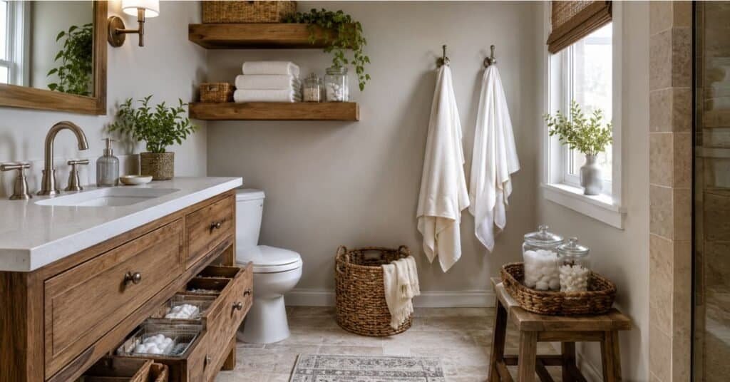 Bathroom remodel with floating shelves, towel hooks, woven baskets, folded towels, and clean vanity storage.