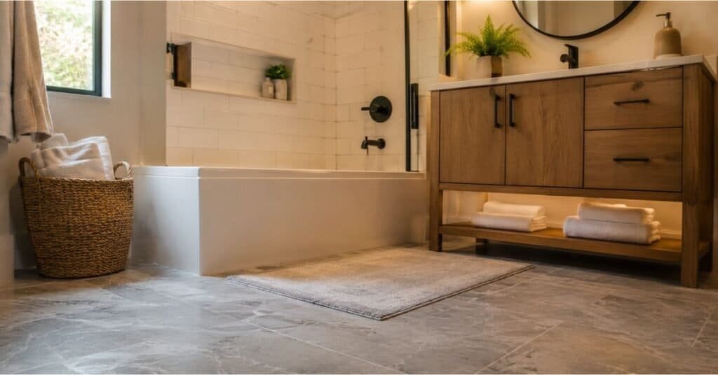 Bathroom remodel with fresh grout lines, clean white tile, stone look flooring, matte black faucet, and warm wood vanity.
