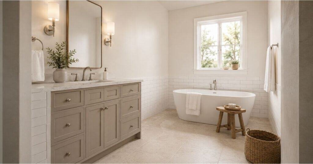 Bathroom remodel with fresh warm white paint, clean tile, soft greige vanity, wood stool, and woven basket.