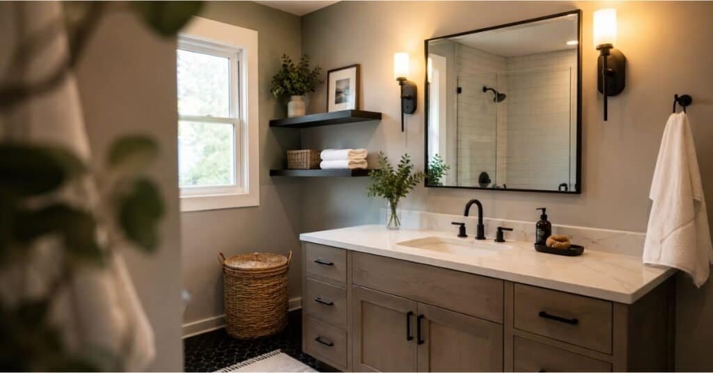 Bathroom remodel with warm lighting, larger mirror, clean vanity storage, matching finishes, and fresh towel placement.