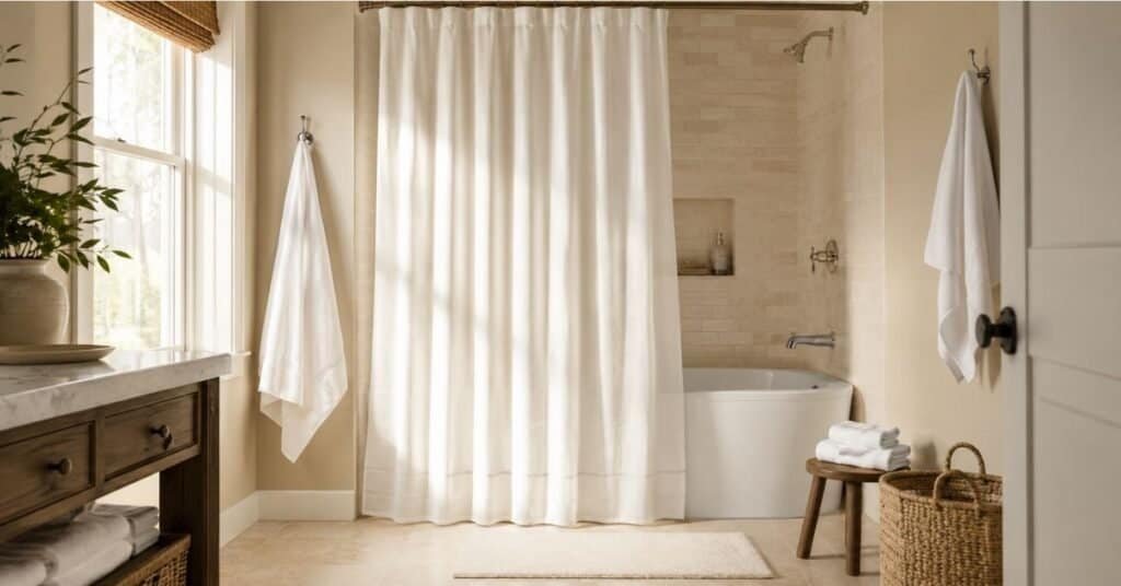 Bathroom remodel with white linen shower curtain, brushed nickel fixtures, soft bath mat, and warm lighting.
