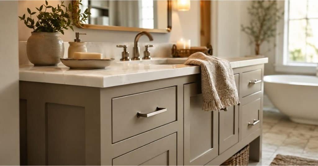 Bathroom vanity refresh with painted cabinets, brushed nickel hardware, clean counter, mirror, and warm lighting.