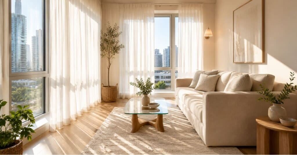 Bright condo living room with sheer curtains and soft summer daylight.