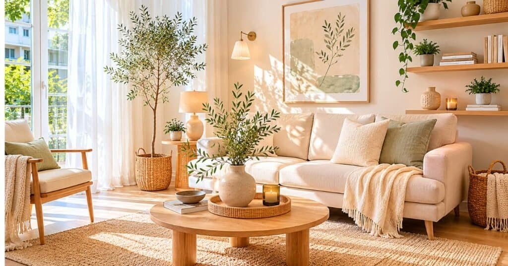 Bright small apartment living room with soft summer decor and uncluttered styling.