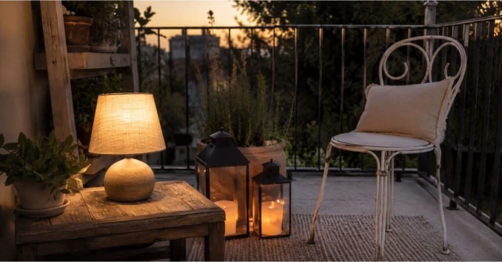 Budget balcony lighting ideas with one warm table lamp, two lanterns, a small rug, and cozy neutral outdoor styling.