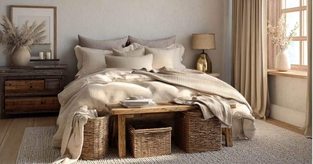 Budget friendly cozy neutral bedroom with thrifted brass lamp, cream bedding, woven baskets, and soft layered textures.