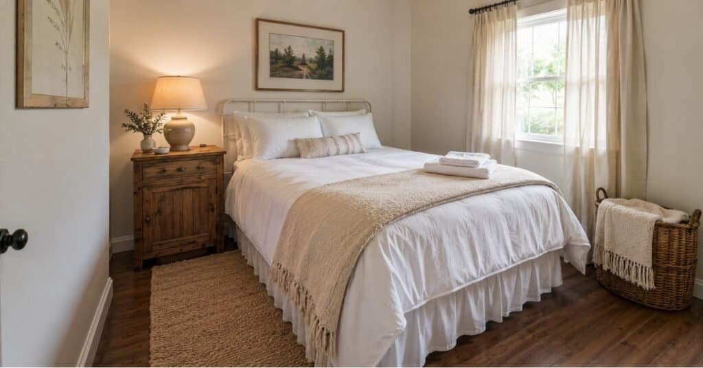 Budget friendly small guest bedroom with white bedding, thrifted wood nightstand, warm lamp, woven basket, and soft neutral rug.