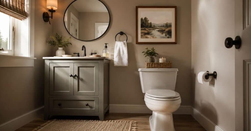 Budget guest half bathroom decor with round mirror, warm sconce, painted vanity, fresh towel, soap dispenser, and framed art.