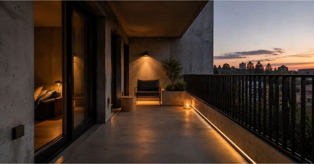 Clean balcony lighting setup with open walking space, neat cord placement, warm lamps, railing lights, and no clutter.