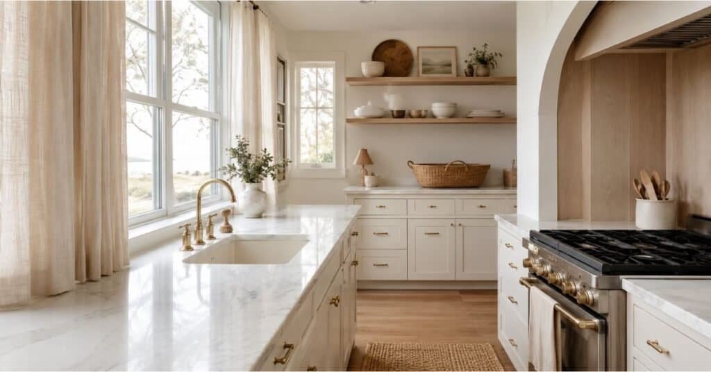 Coastal small kitchen with soft natural light, uncluttered open shelves, pale oak accents, and warm neutral decor