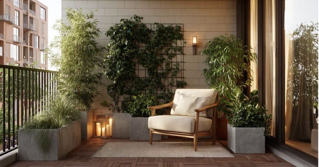Compact balcony with layered privacy plants and tall planters for screening.