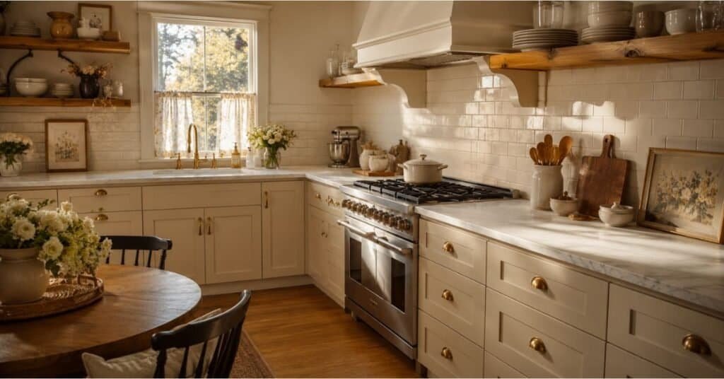 Cottagecore kitchen with peel and stick backsplash, warm wood accents, soft brass details, and cozy layered textures