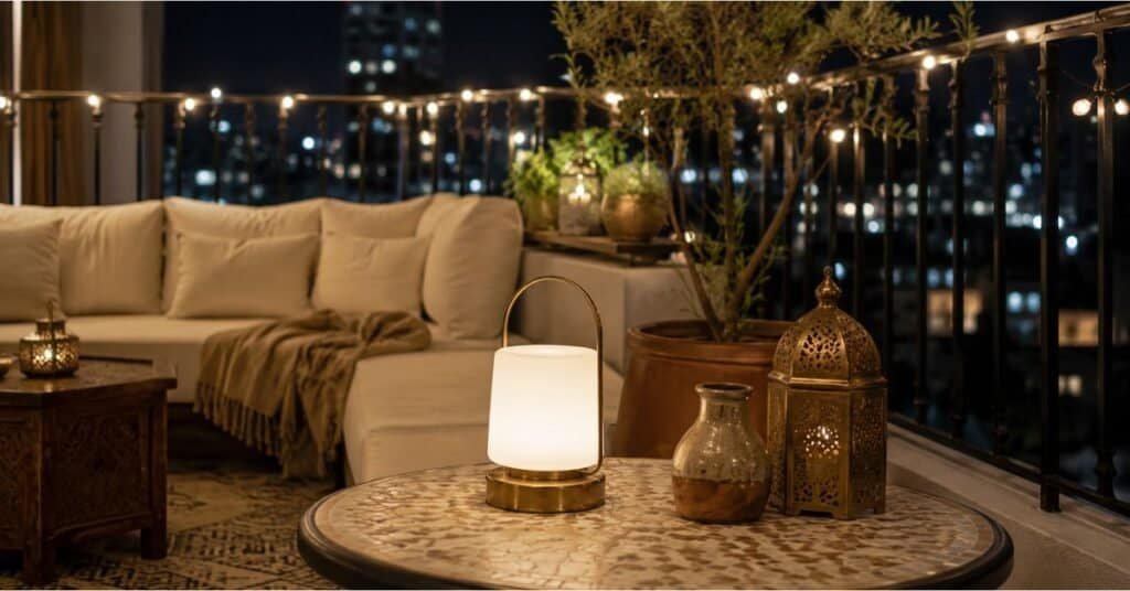 Cozy balcony lighting ideas with layered string lights, a rechargeable table lamp, lanterns, warm cushions, and an outdoor rug.