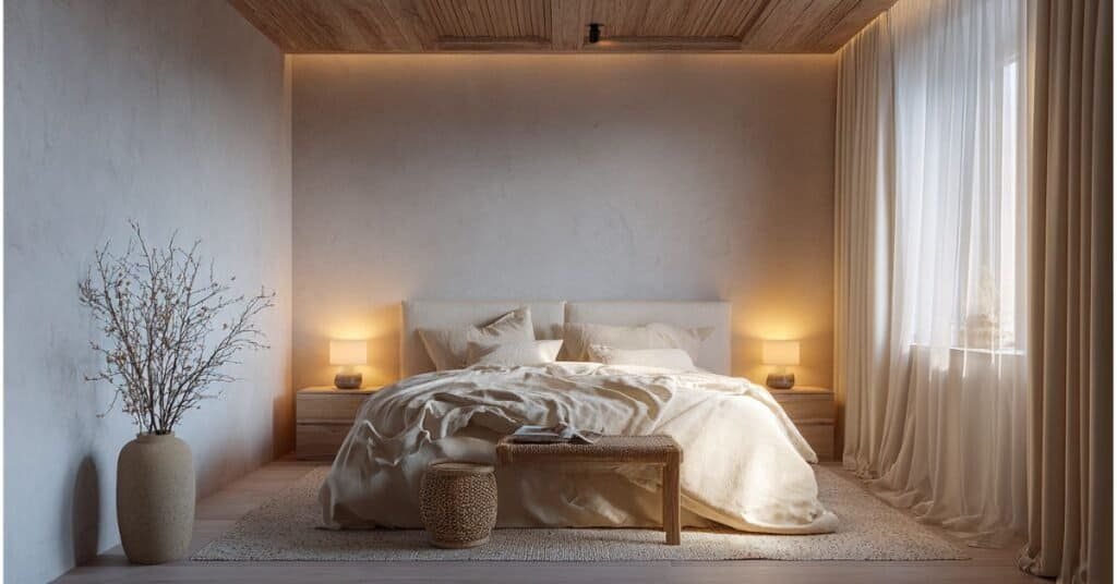 Cozy neutral bedroom with warm bedside lamps, cream bedding, linen curtains, and soft layered lighting in a small apartment room.