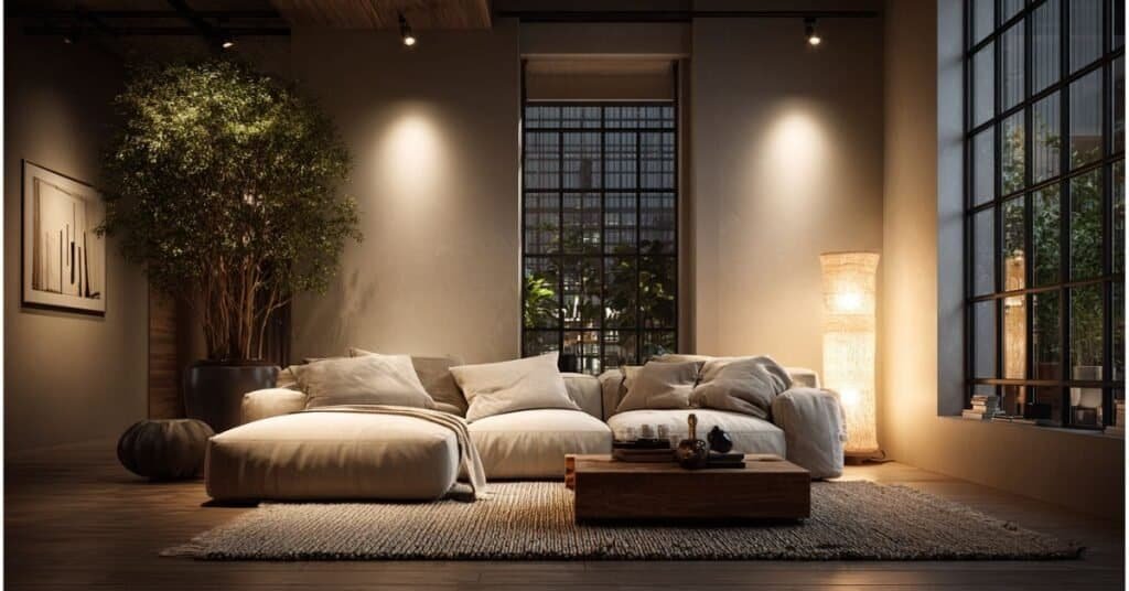 Curtain free modern living room windows at dusk with warm lamps, sofa, rug, and soft glass reflections.