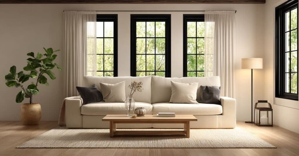 Curtain free modern living room windows balanced with a plant, lamp, rug, and simple furniture.