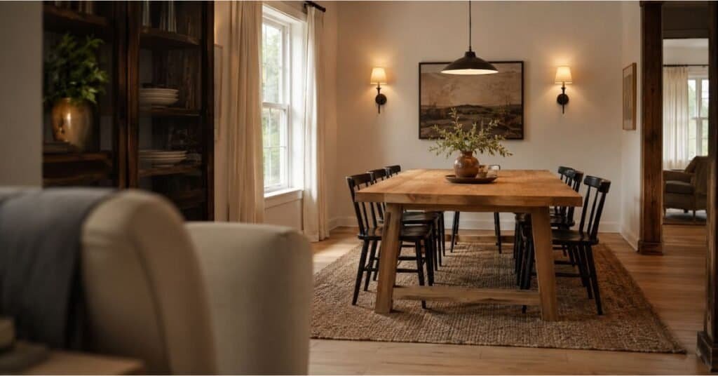 Farmhouse small dining room with properly sized rug, slim pendant light, warm sconces, and open walking space