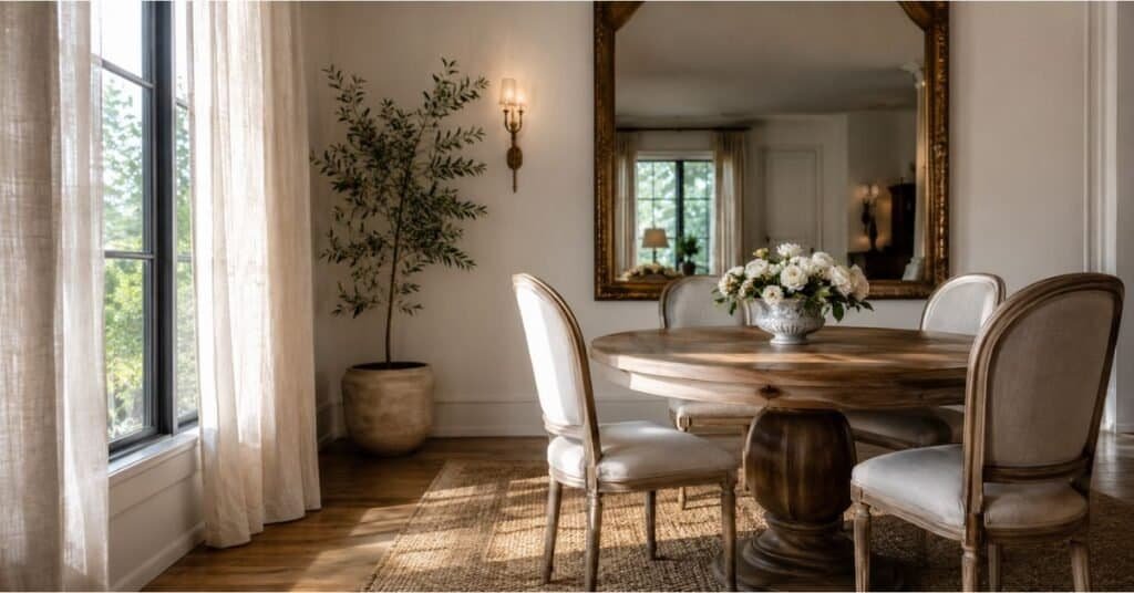 French Country small dining room with large wall mirror, round table, linen curtains, and soft natural light