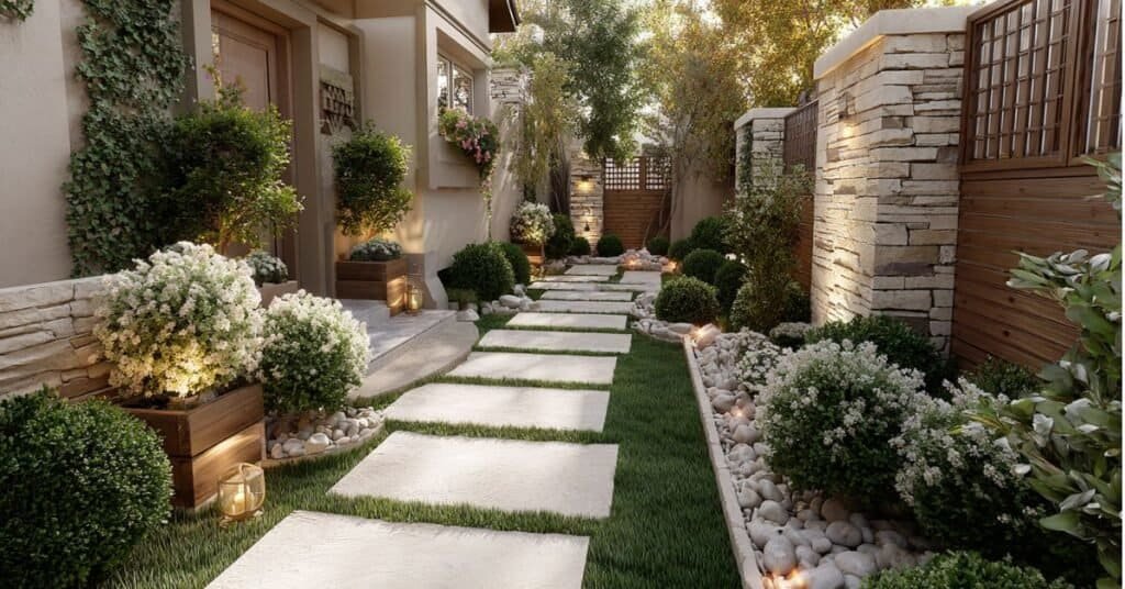 Front yard showcasing trimmed shrubs, flower planters, stone pathway, and soft lighting.