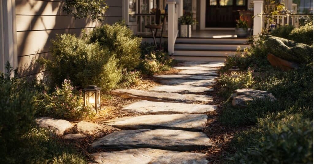 Front yard showing tidy flower beds, trimmed shrubs, clean pathway, and stored garden tools.