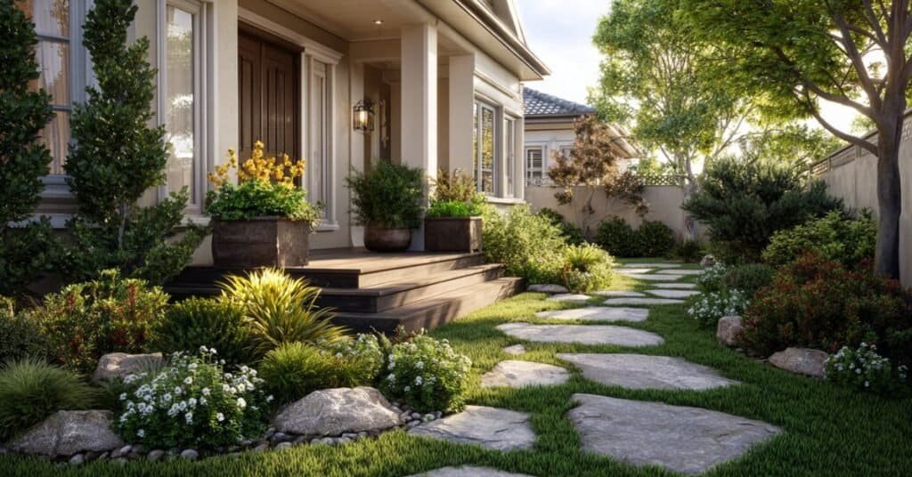 Front yard with healthy trimmed lawn, seasonal flower beds, shrubs, and decorative accents.