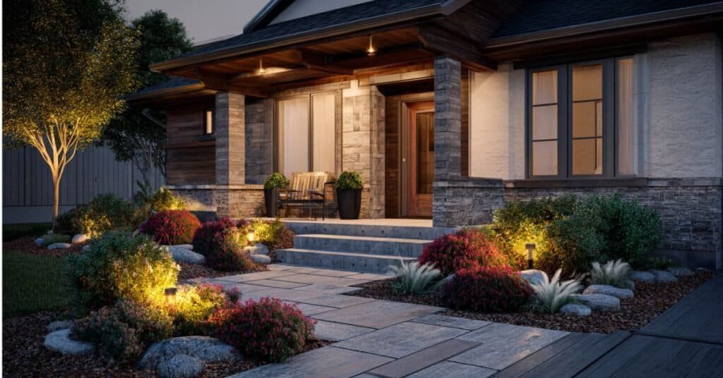 Front yard with seasonal blooms, trimmed shrubs, mulch beds, and cozy pathway lighting.
