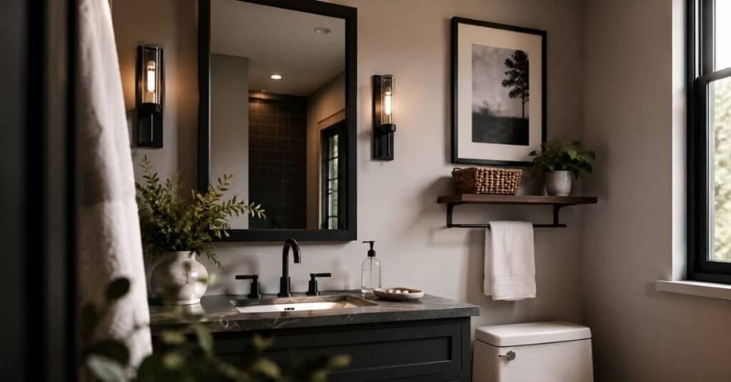 Guest half bathroom decor with black framed mirror, warm sconces, compact vanity, framed art, and clean sink styling.