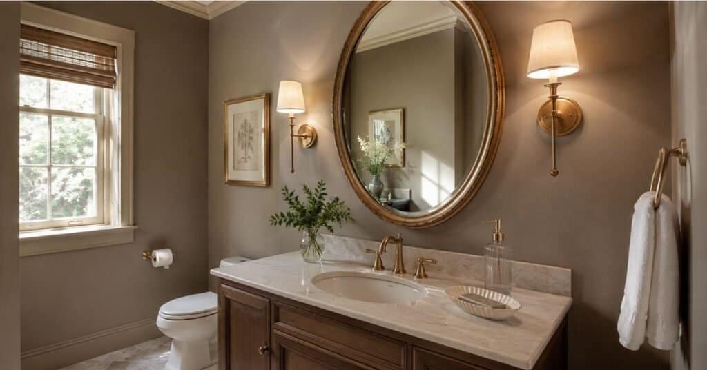 Guest half bathroom with large oval mirror, warm sconces, compact vanity, brass faucet, and soft taupe walls.