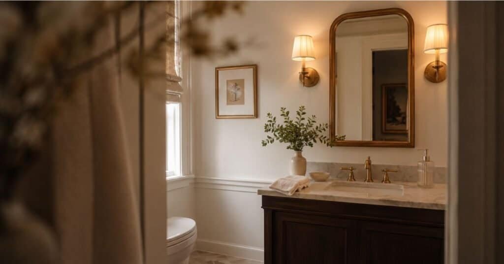 Guest half bathroom with warm wall sconces, framed mirror, brass faucet, folded hand towel, and soft ivory walls.