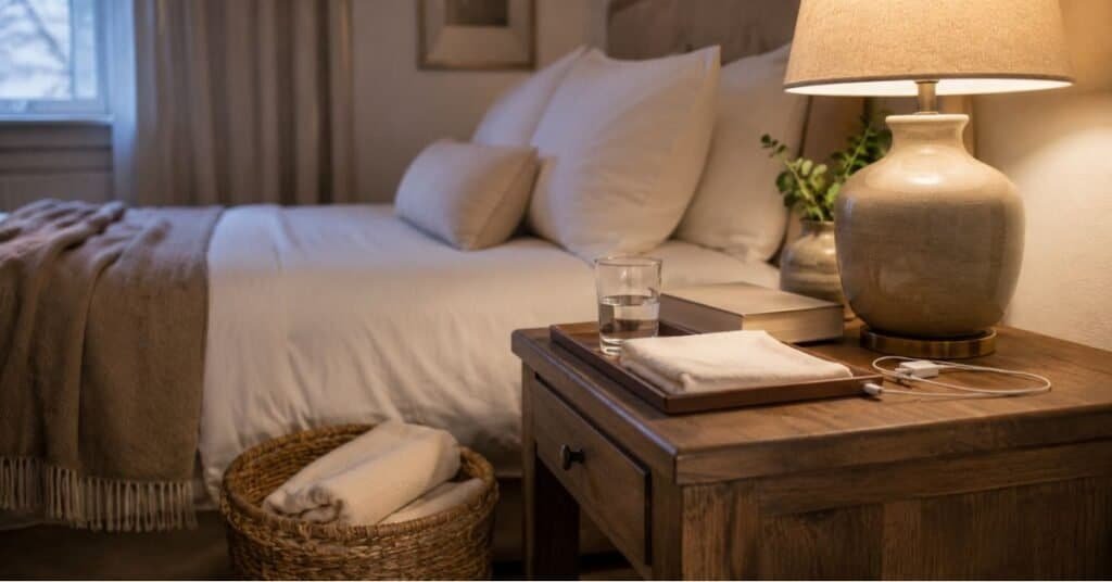 Guest ready small bedroom nightstand with warm lamp, water glass, folded towel, book, phone charger, and soft bedding.
