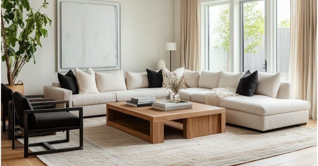 Living room rug size guide showing a neutral rug under the sofa, chairs, and coffee table.