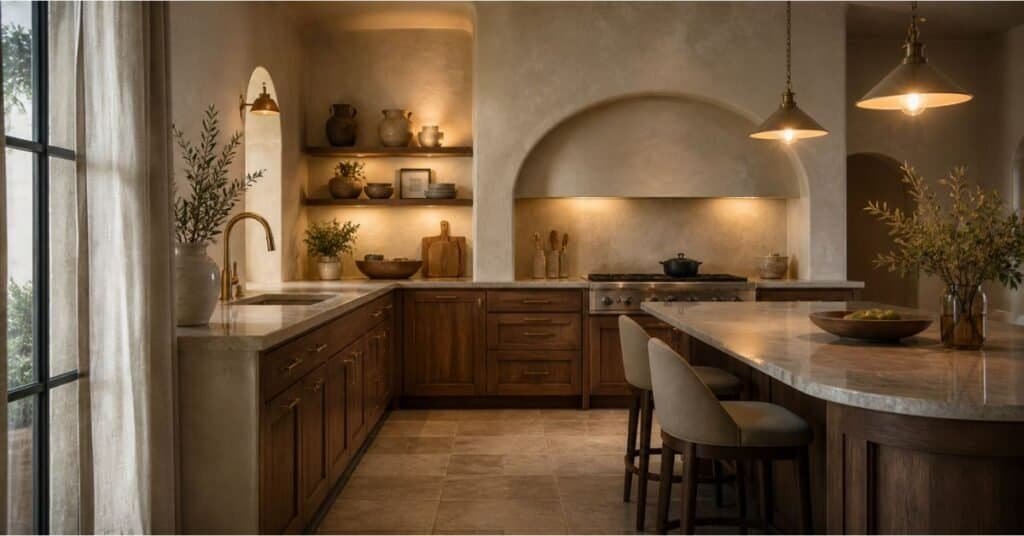 Mediterranean kitchen with warm layered lighting, glowing under cabinet lights, and soft evening atmosphere