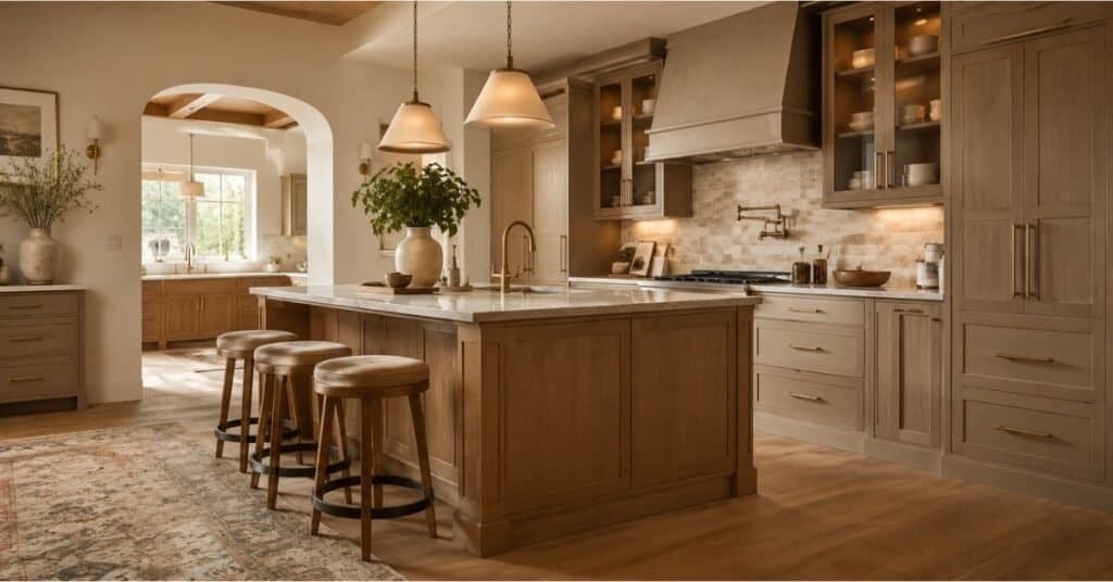 Mediterranean transitional kitchen with practical layout, warm lighting, balanced materials, and calm uncluttered styling