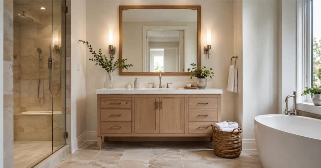 Modern bathroom remodel with updated vanity, large mirror, warm lighting, clean counter, and soft neutral finishes.